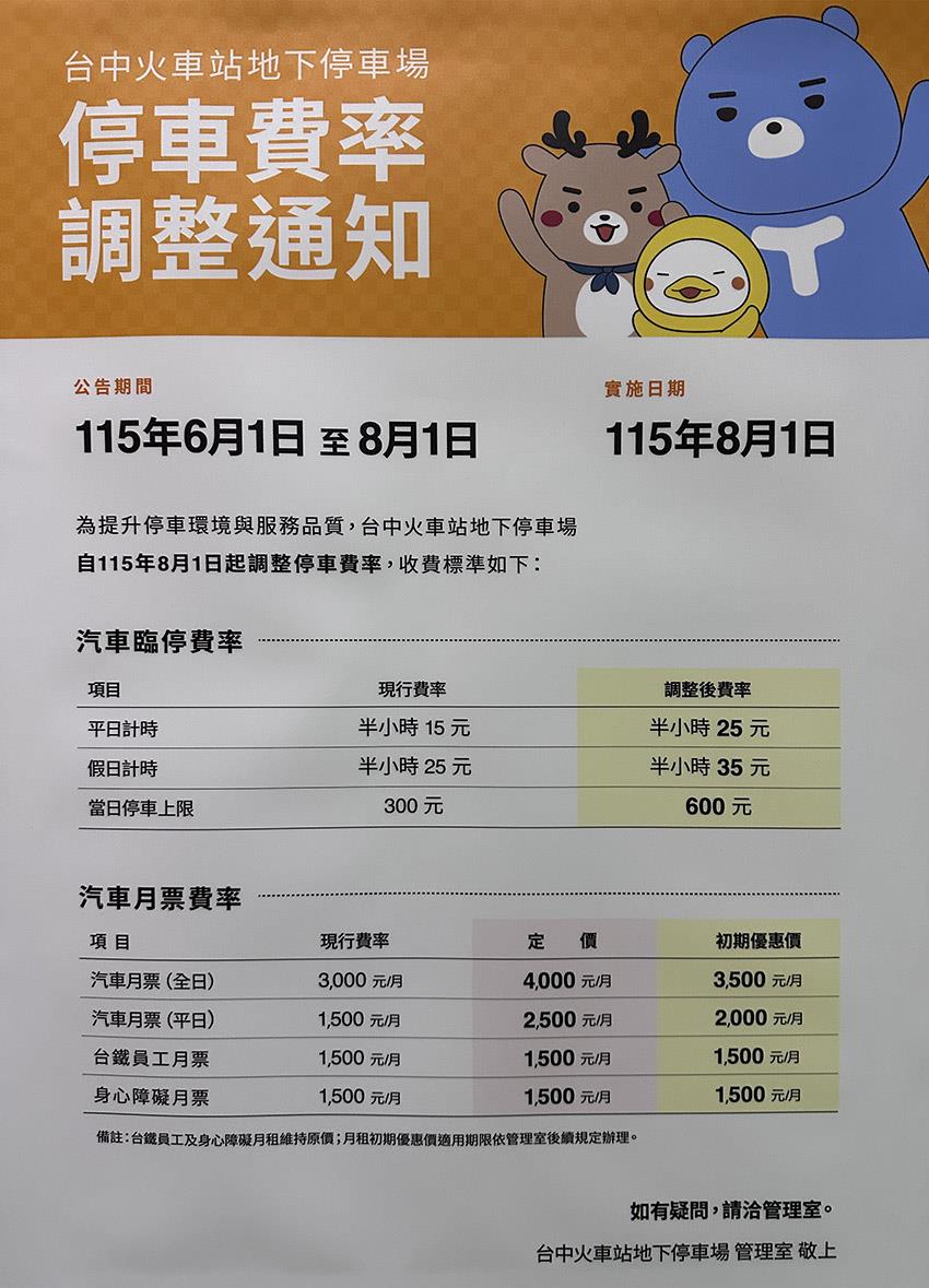 台中火車站地下停車場費用2026年08月